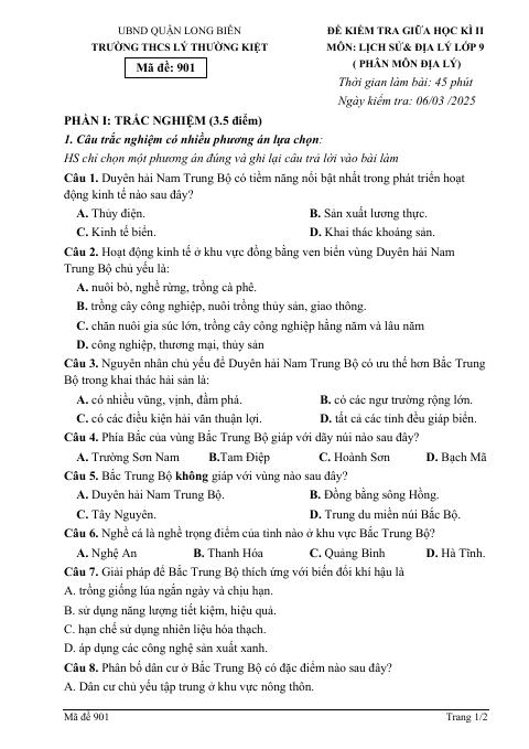 Đề thi Giữa kì 2 Lịch sử và Địa lí 9 năm 2024-2025 trường THCS Lý Thường Kiệt (Hà Nội)